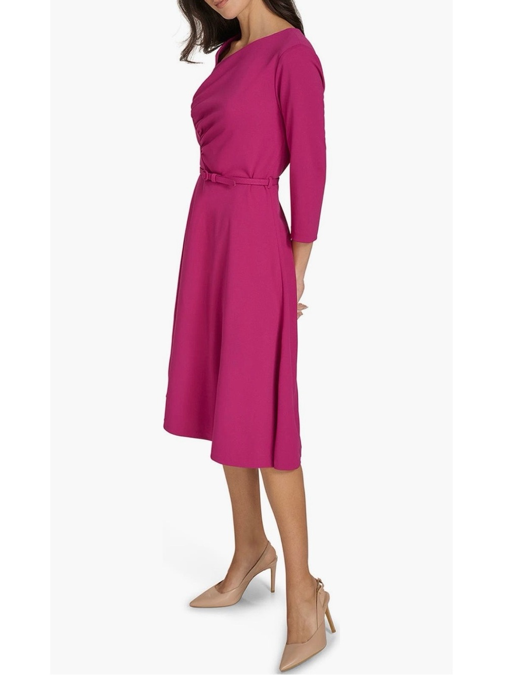 Calvin Klein Asymmetric Neck 3/4 Sleeves Fit & Flare Dress in Boysenberry Size 4